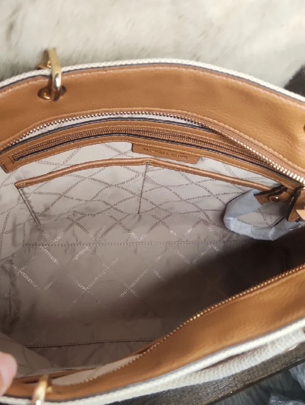 Michael Kors Cream Canvas Tote with Tan Leather Pocket